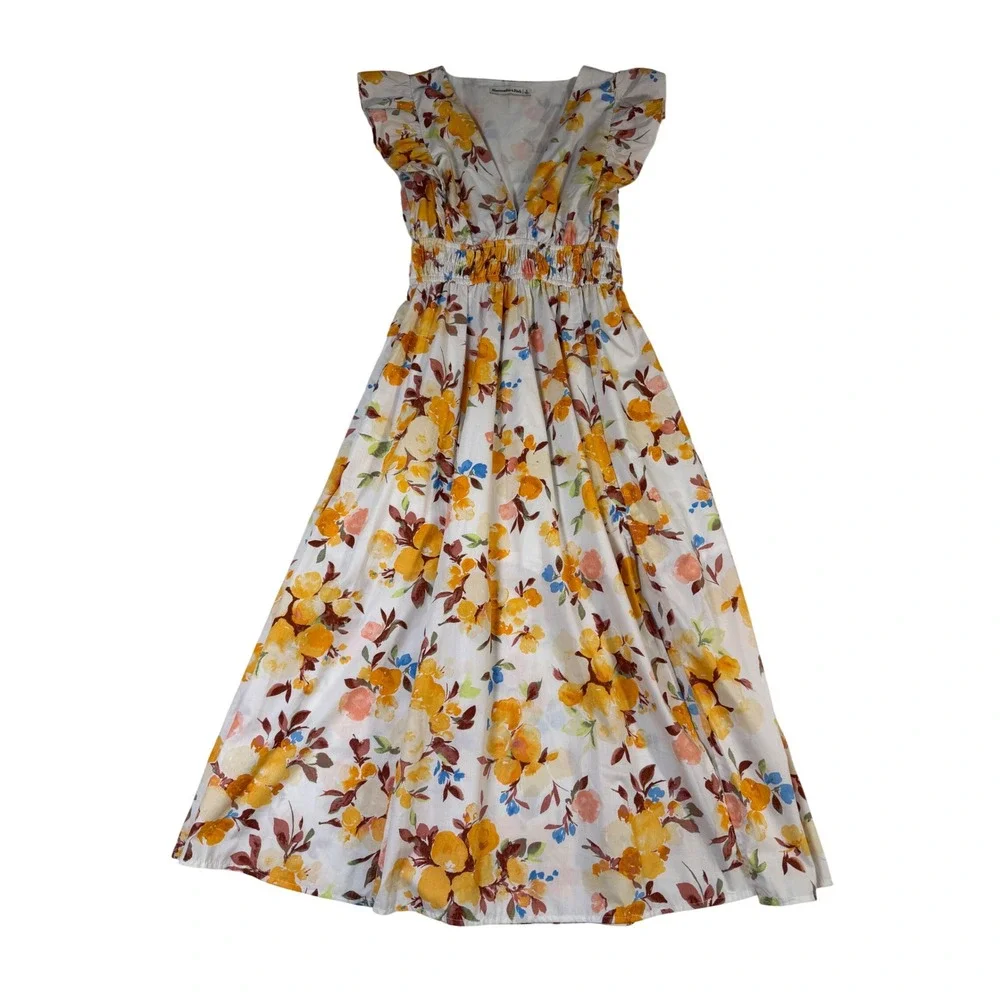 Abercrombie & Fitch Floral Flutter Sleeve Smocked Maxi Dress Yellow Orange Small